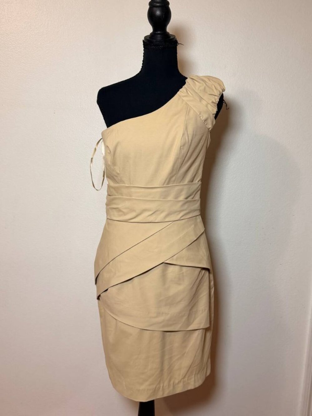 Studio Classics Beige One Shoulder Sheath Dress Ruched Old Money EU 40 US 8 M
